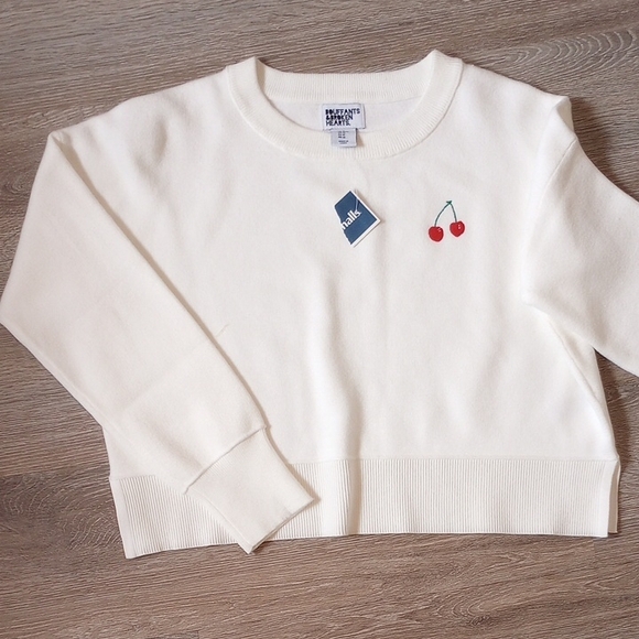 Bouffants & Broken hearts. Tops - Bouffants & Broken Hearts White Long Sleeve Top with Cherry Embroidery